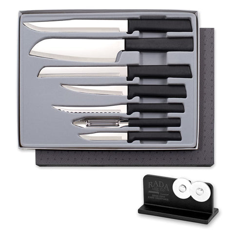 RADA 7-piece starter knife set with hollow-ground blades for precise slicing.