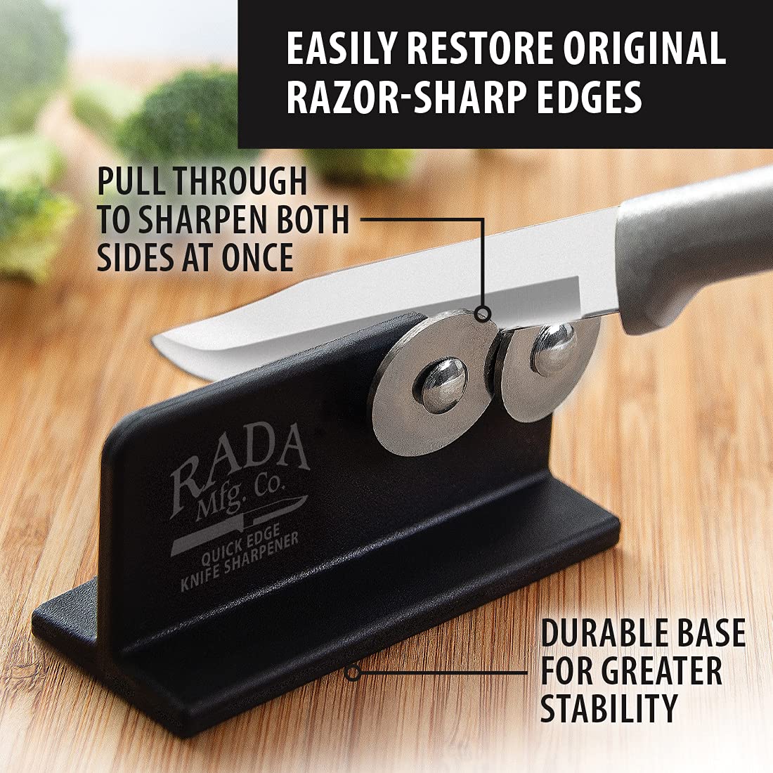 RADA quick-edge base stays steady on countertops during sharpening
