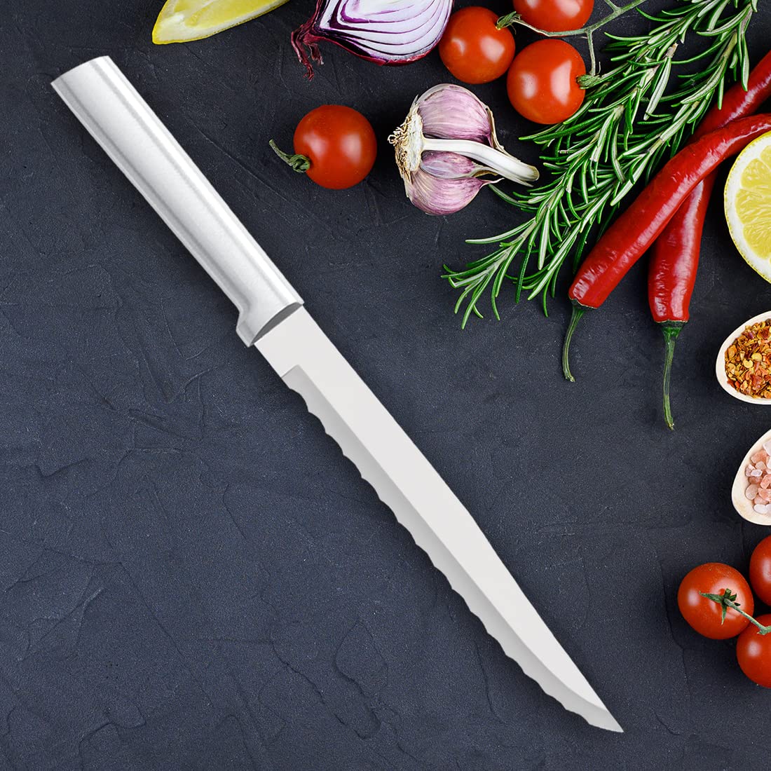 RADA double-sided serrated edge enhances slicing efficiency.
