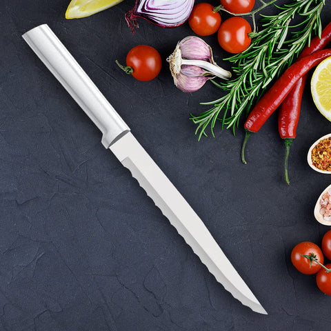 RADA double-sided serrated edge enhances slicing efficiency.