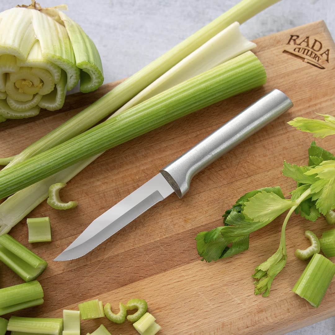 RADA Cutlery serrated paring knife with brushed aluminum handle, durable and easy to clean