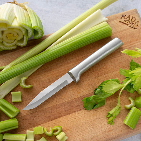 RADA Cutlery serrated paring knife with brushed aluminum handle, durable and easy to clean