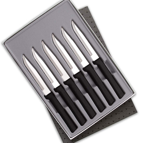 RADA serrated steak knife set with six blades, ideal for clean, precise steak cutting.