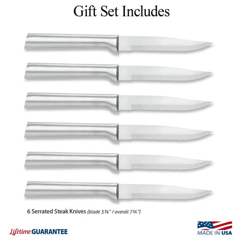 RADA serrated steak knife set handle close-up highlights balanced grip for comfortable cutting