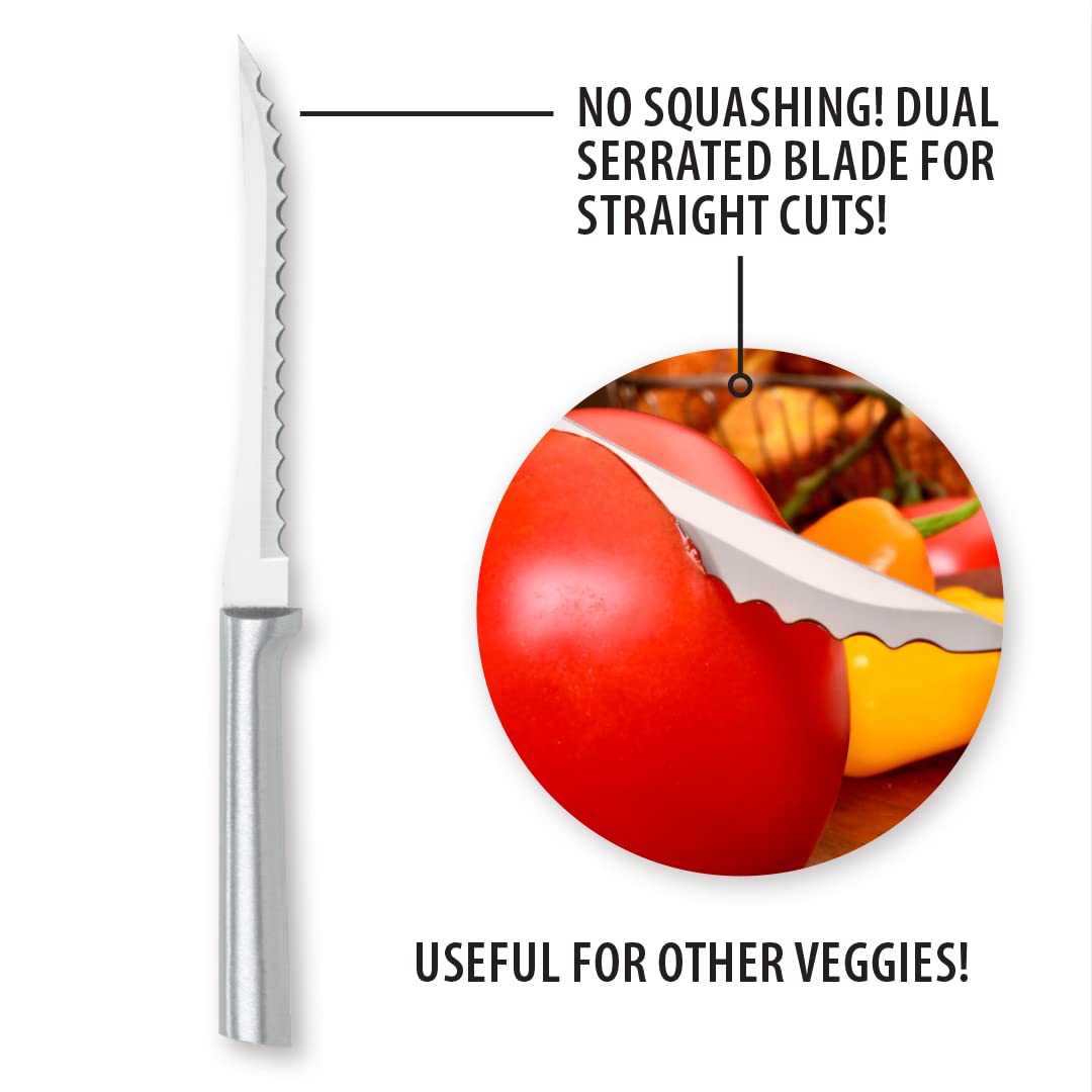 RADA Tomato Slicer Knife silver handle offers comfortable grip.