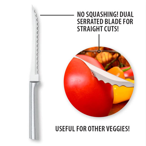 RADA Tomato Slicer Knife silver handle offers comfortable grip.