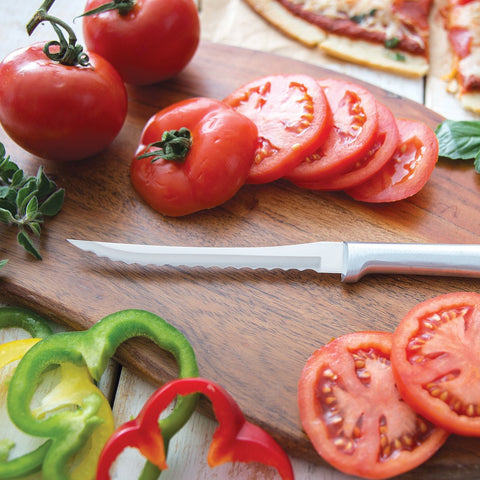 Rada Tomato Slicer in oak block set for thin, uniform tomato slices.
