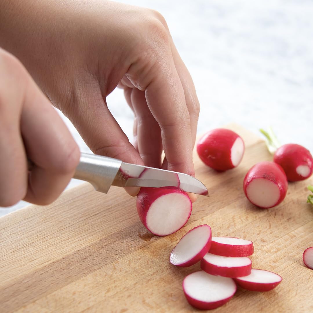 Rada Granny Paring Knife hollow-ground edge enables smooth slicing.