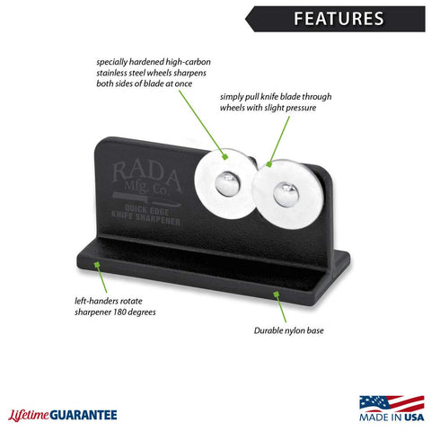 Rada Quick Edge features stainless steel wheels for durable performance.
