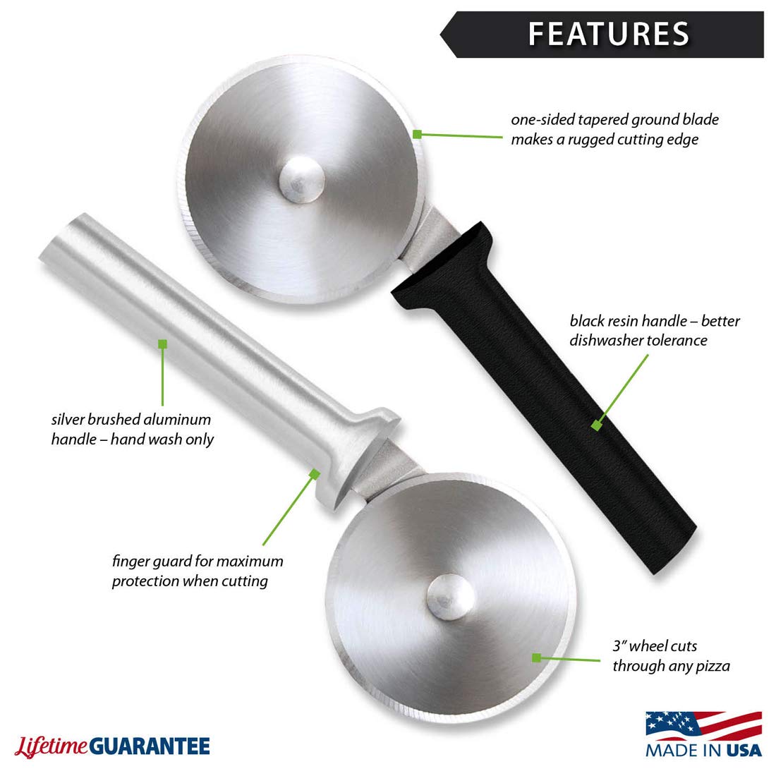 Rada pizza cutter with black handle for durable, dishwasher-safe use