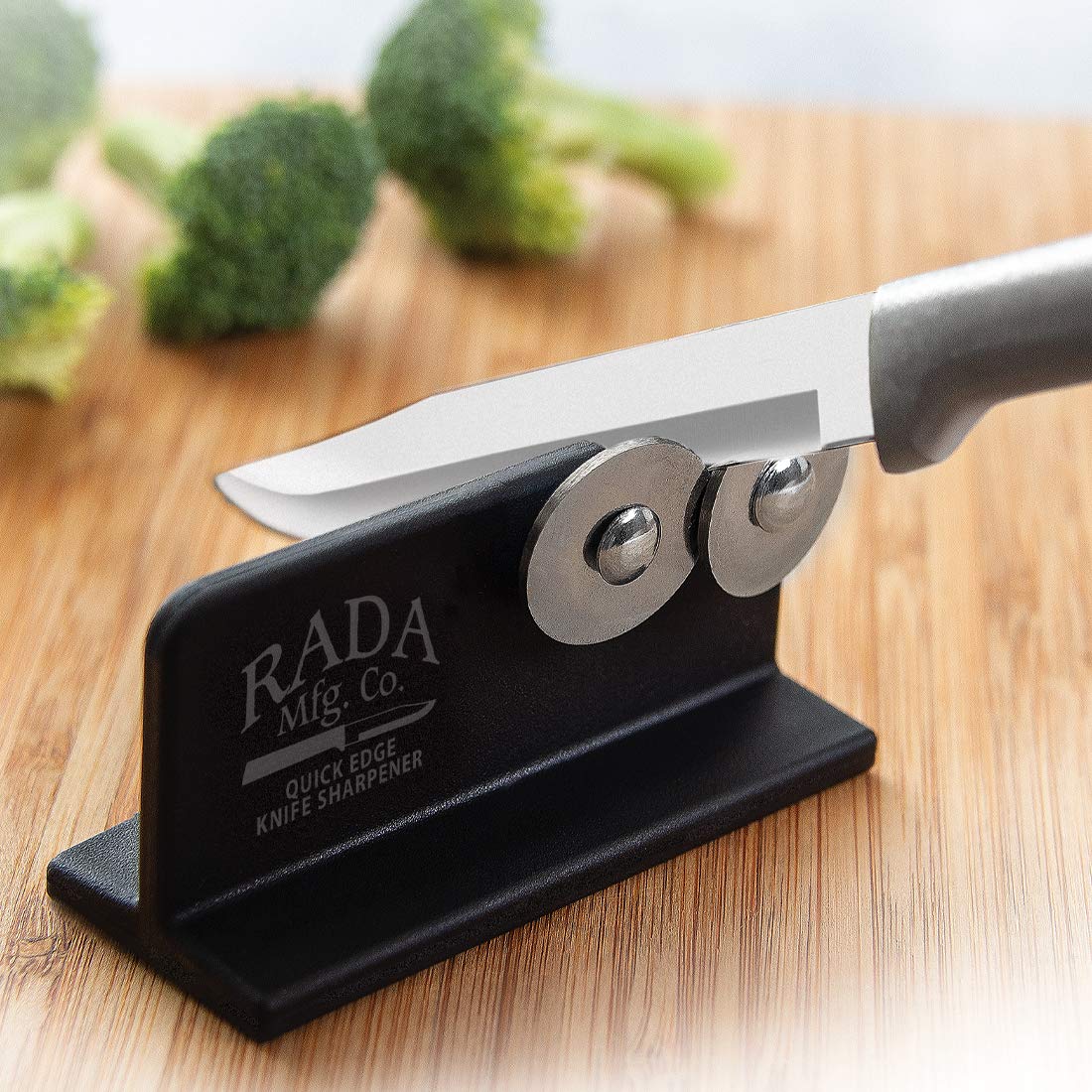 Rada Quick Edge dual wheels closeup demonstrates sharpening mechanism.
