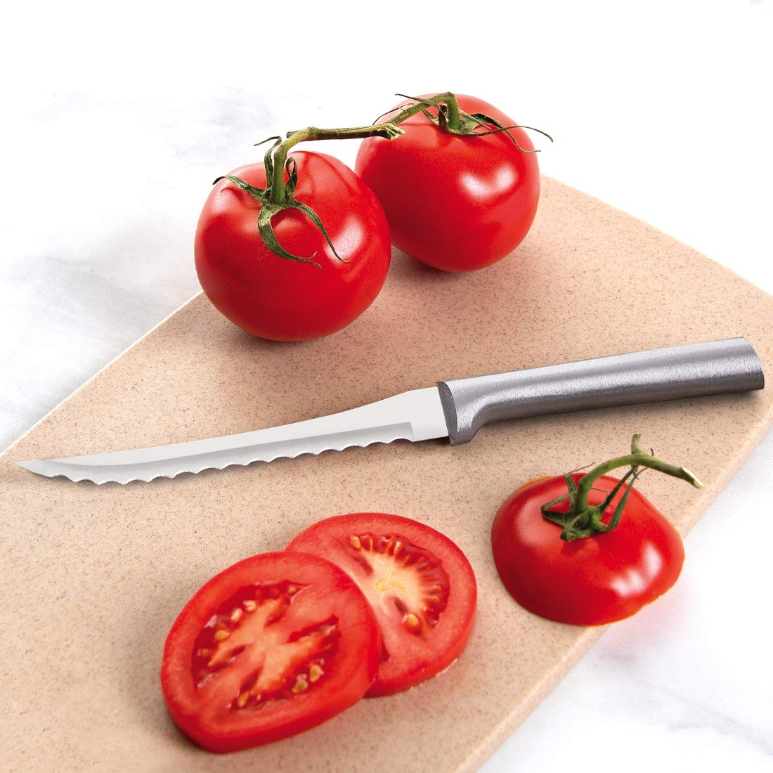 Rada silver aluminum handles with satin finish, comfortable grip for kitchen tasks.