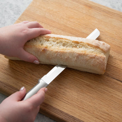 Rada USA-made bread knife handle shown in silver aluminum