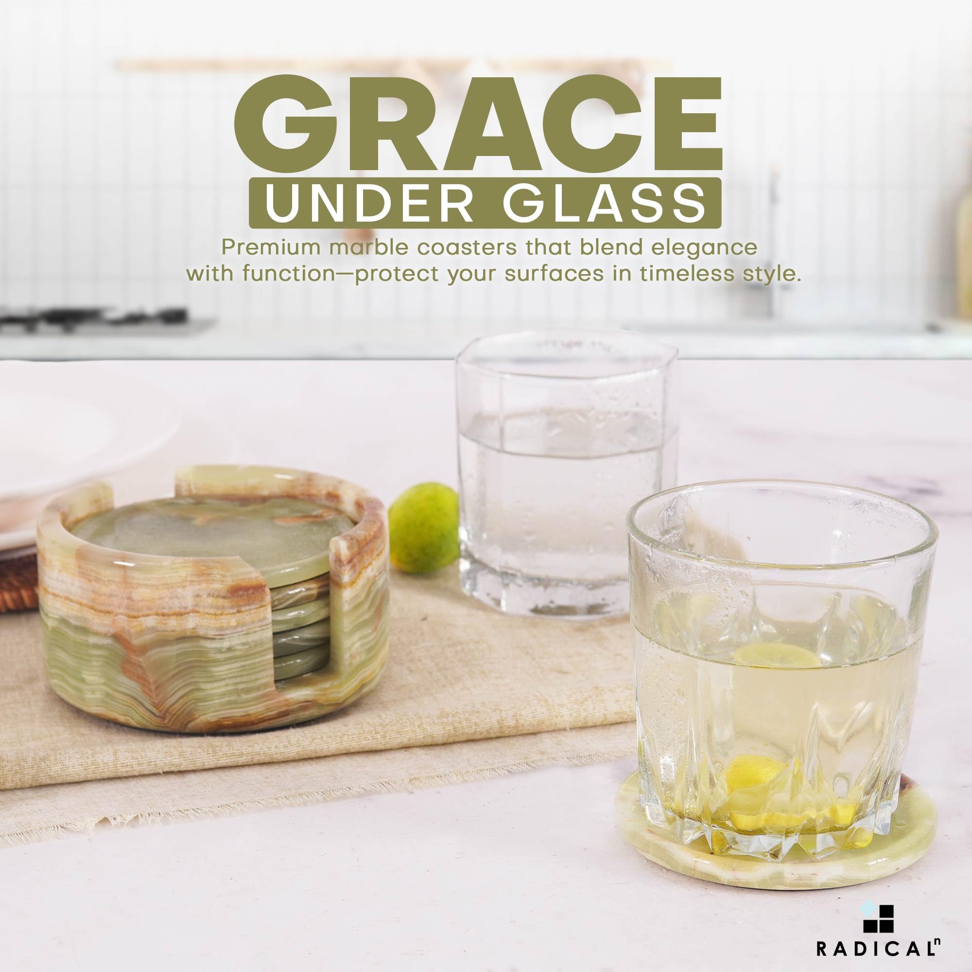 Radicaln green onyx coasters enhance dining room decor with natural texture.