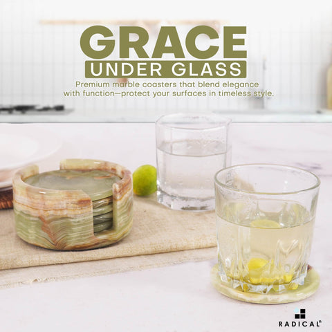 Radicaln green onyx coasters enhance dining room decor with natural texture.