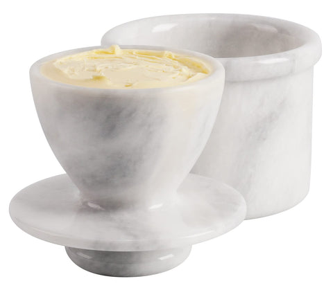Radicaln marble butter keeper white on counter keeps butter fresh and ready to spread.