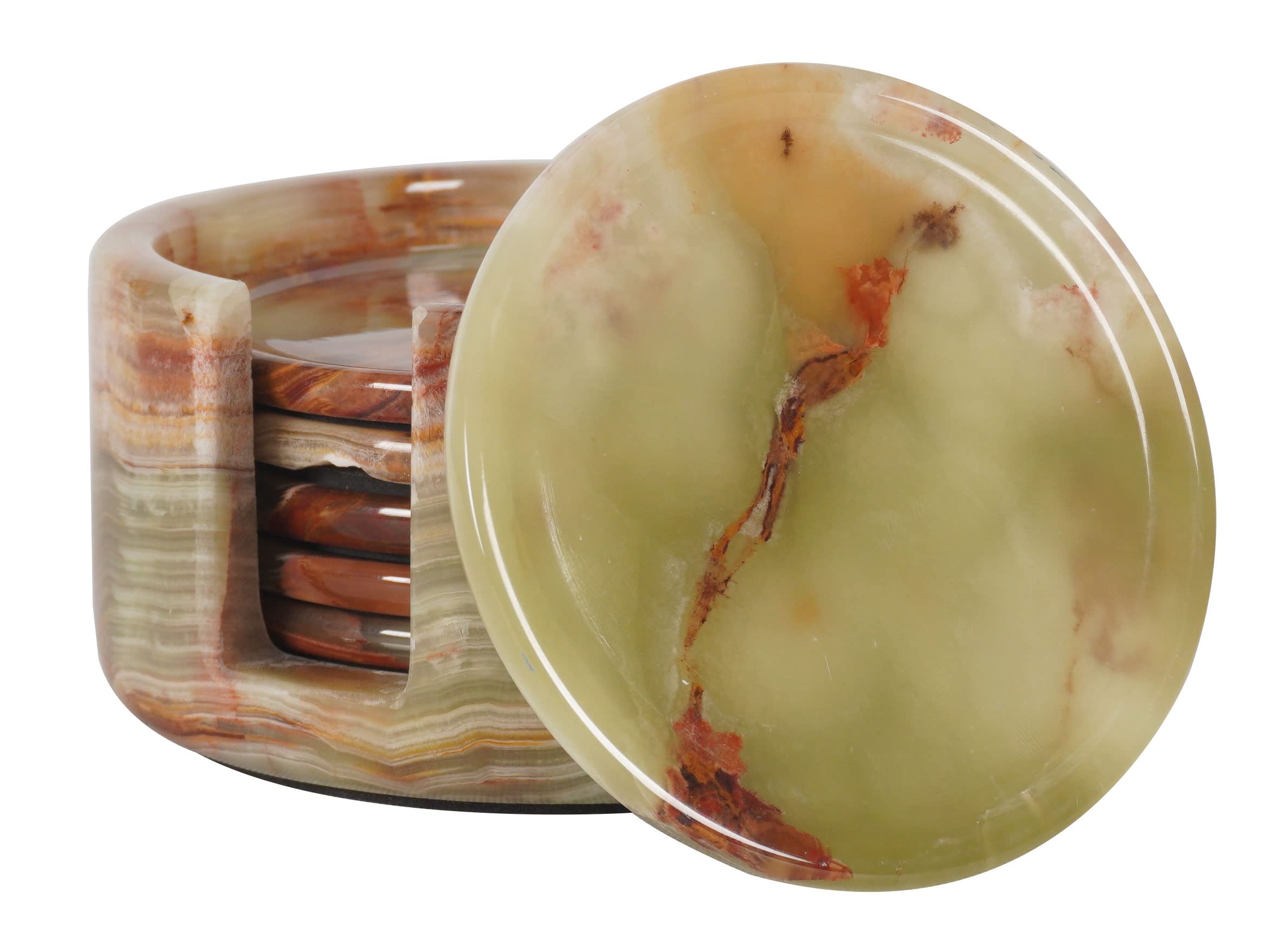 Radicaln marble coaster set with green onyx and holder for elegant surface protection.