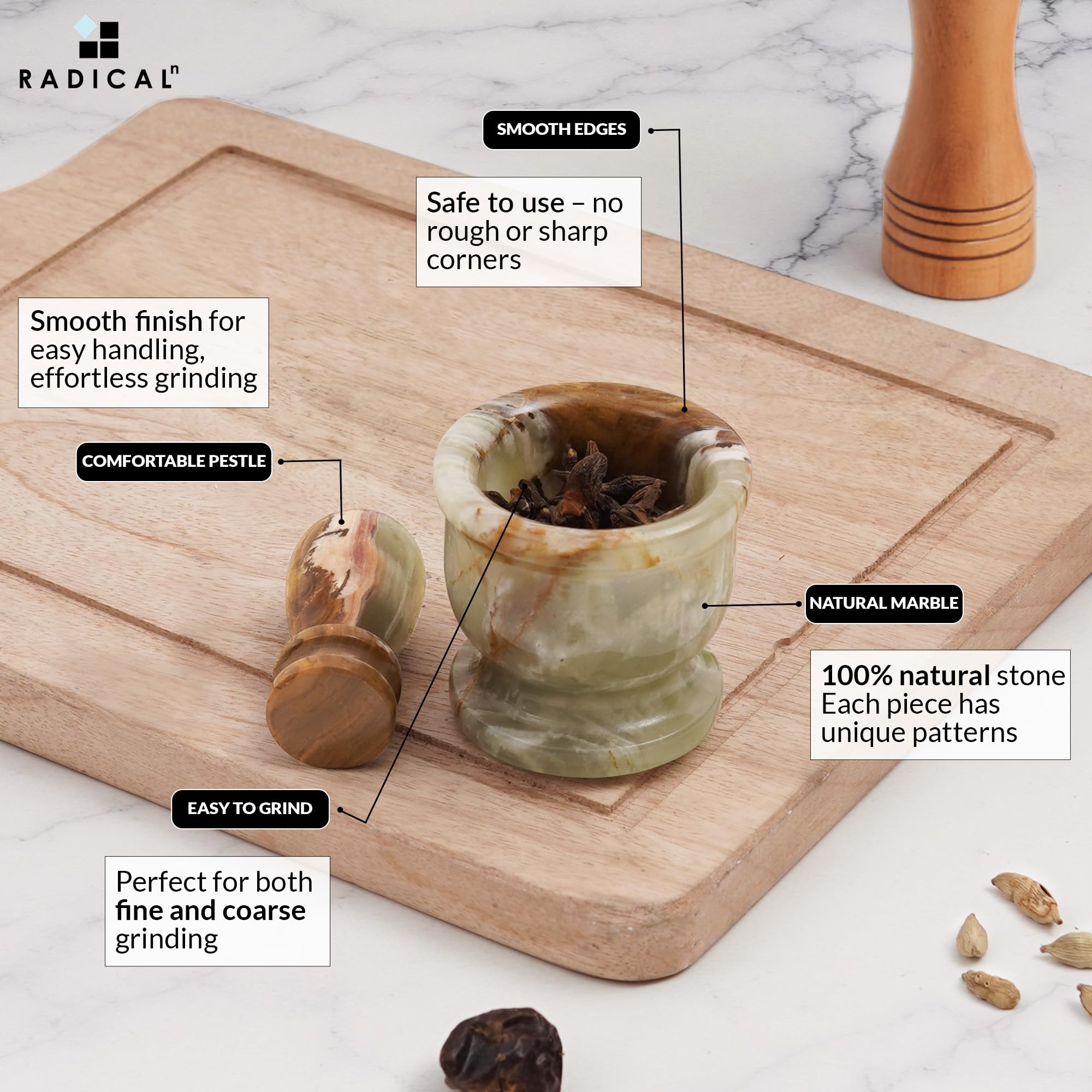 Radicaln mortar pestle green easy-clean surface for wipe-down.