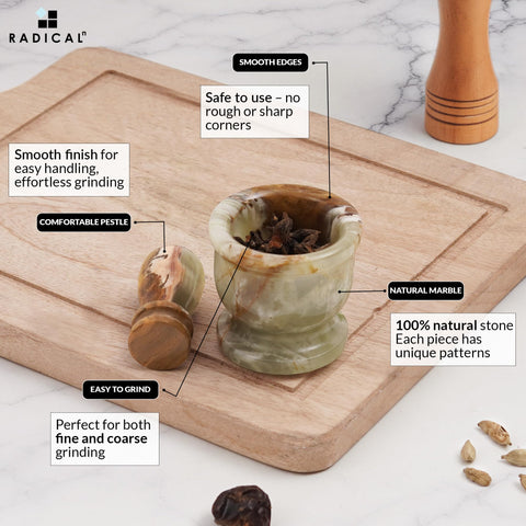 Radicaln mortar pestle green easy-clean surface for wipe-down.