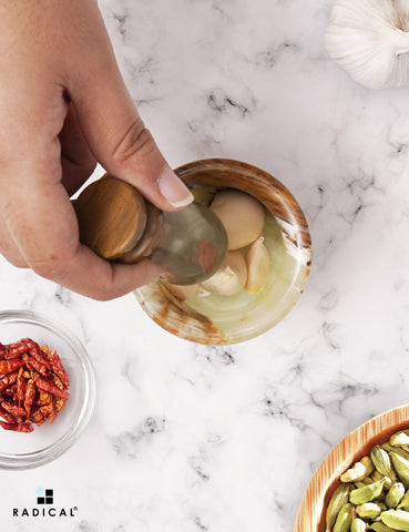 Radicaln marble mortar pestle green garlic prep becomes quick.