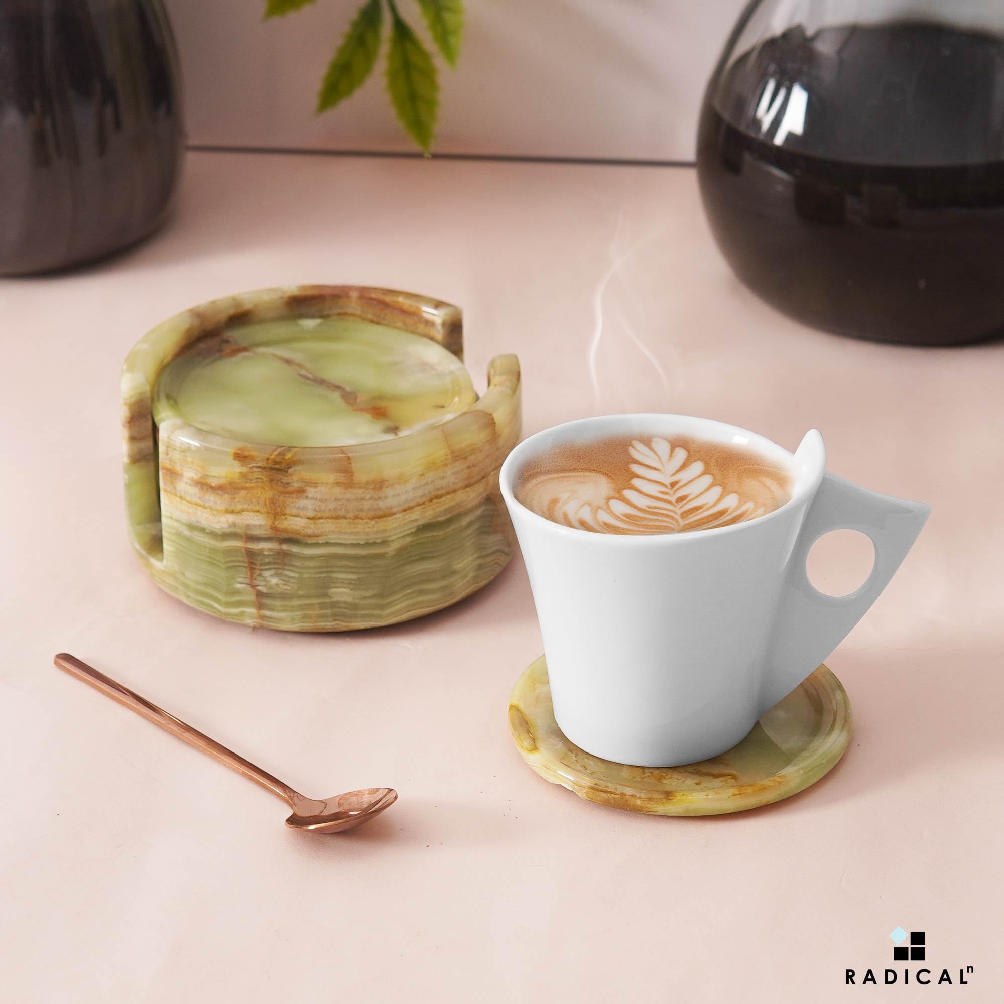 Radicaln round 3-5 inch coaster featuring green onyx for coffee table decor.