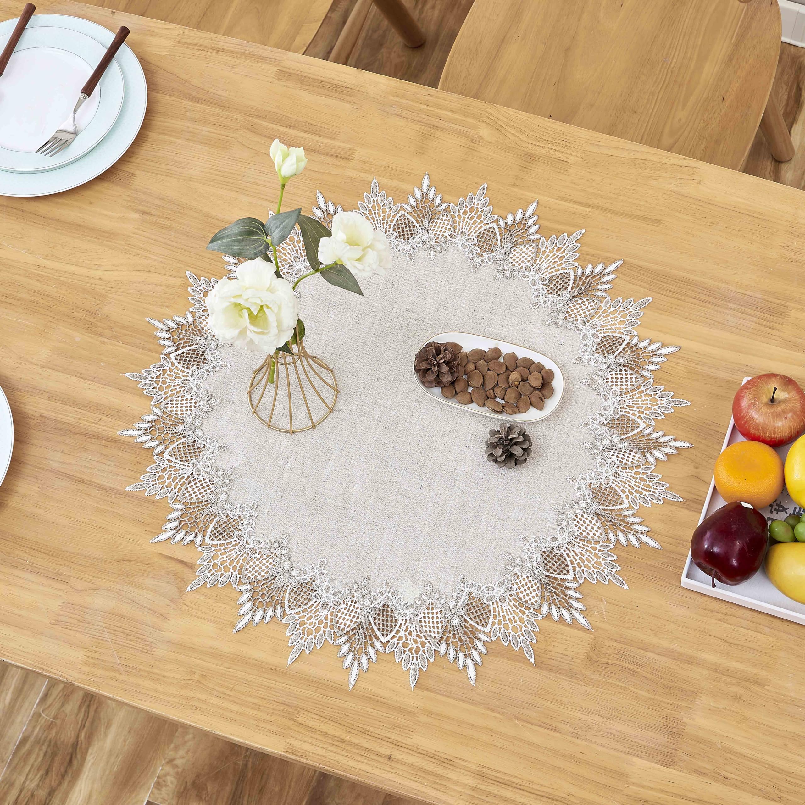 Raedan doily on coffee table arrangement for refined everyday setup