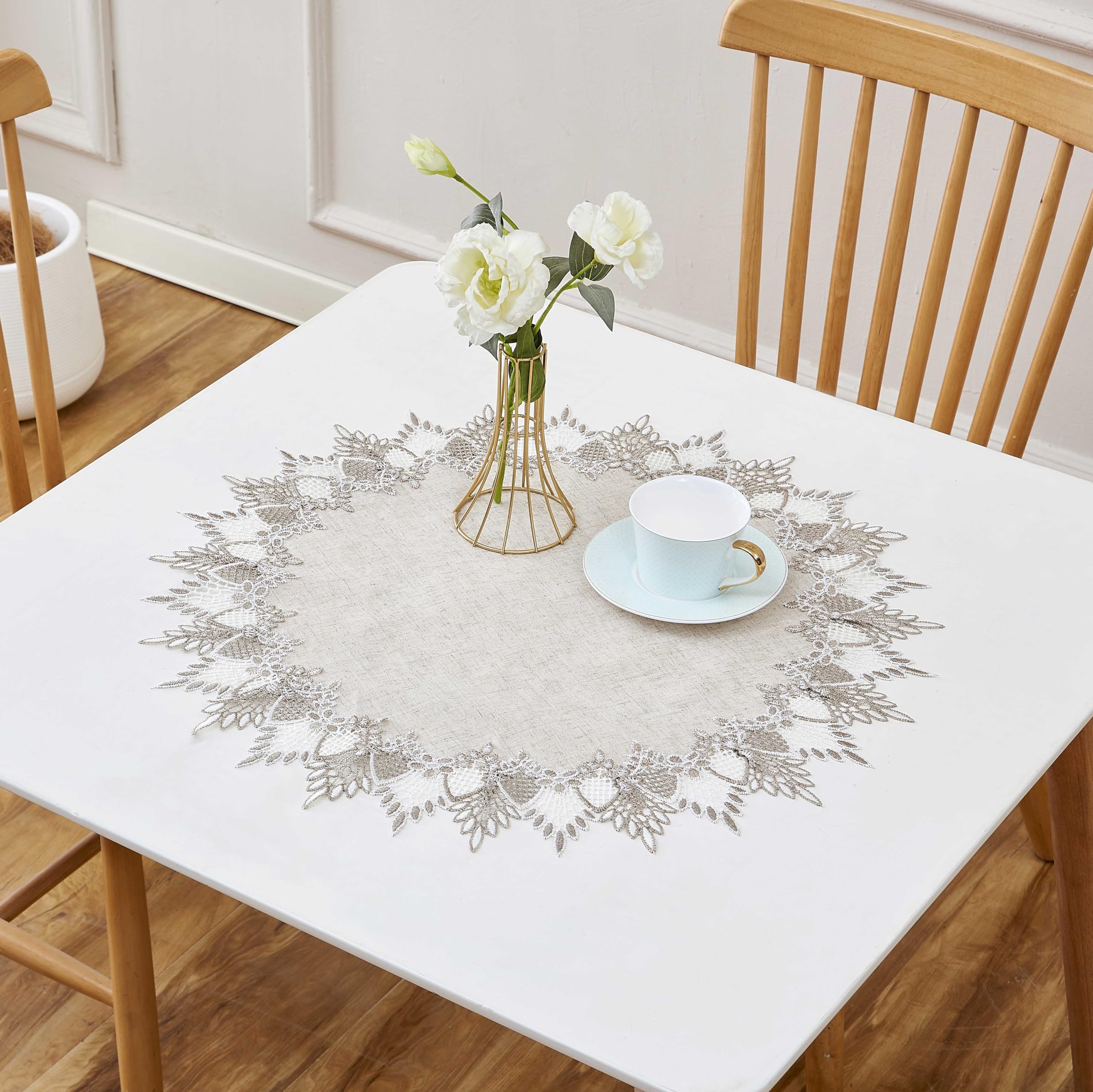 Raedan beige lace detail on doily adds subtle luxury to any dining space