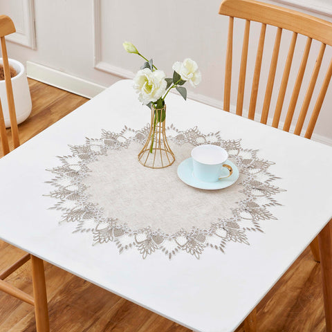 Raedan beige lace detail on doily adds subtle luxury to any dining space