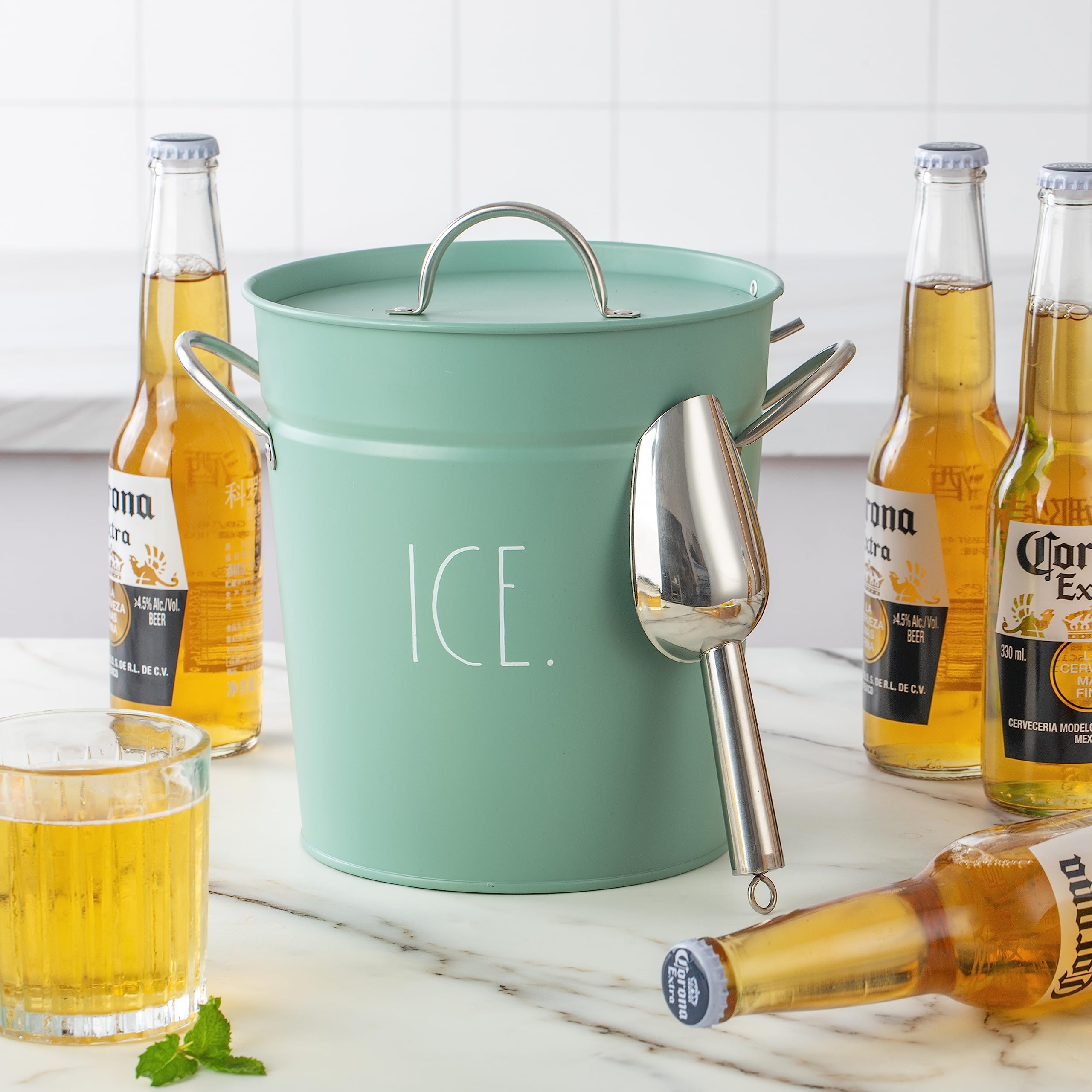 Rae Dunn bar setup featuring sage ice bucket for entertaining.