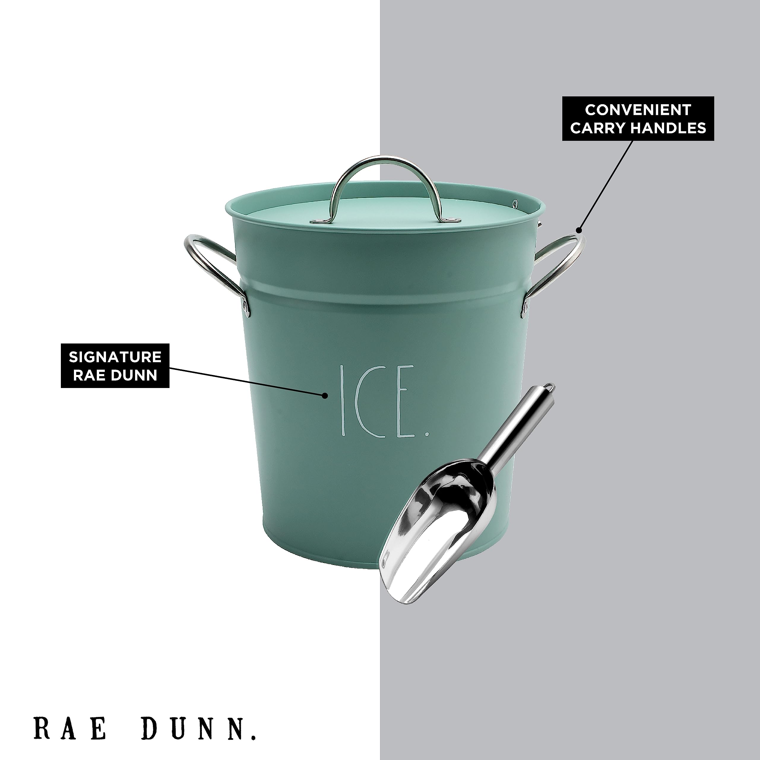 Rae Dunn dining table setup with sage ice bucket for iced drinks.