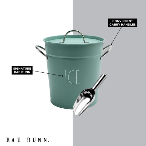 Rae Dunn dining table setup with sage ice bucket for iced drinks.