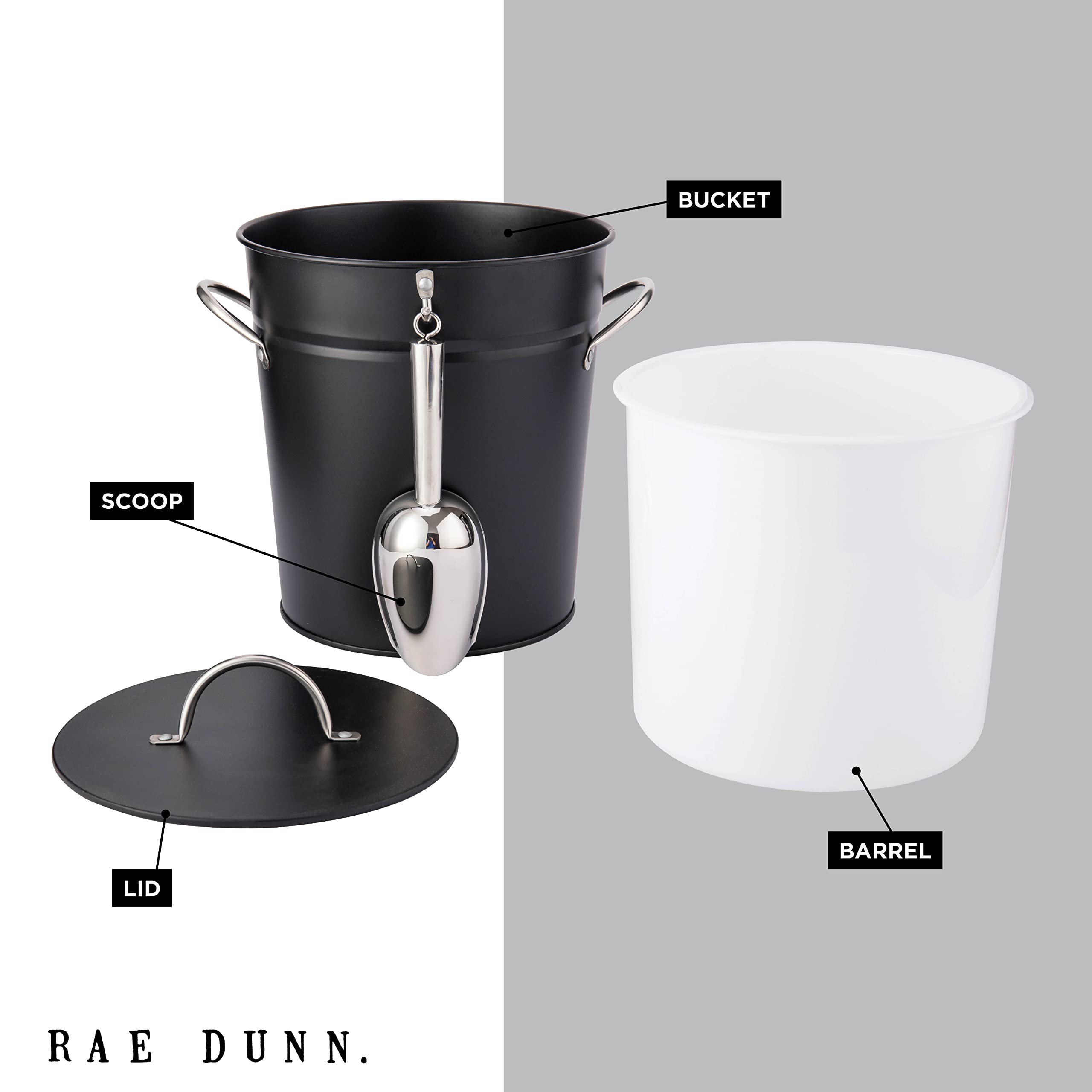 Rae Dunn stainless steel ice bucket with lid maintains ice during outdoor gatherings.