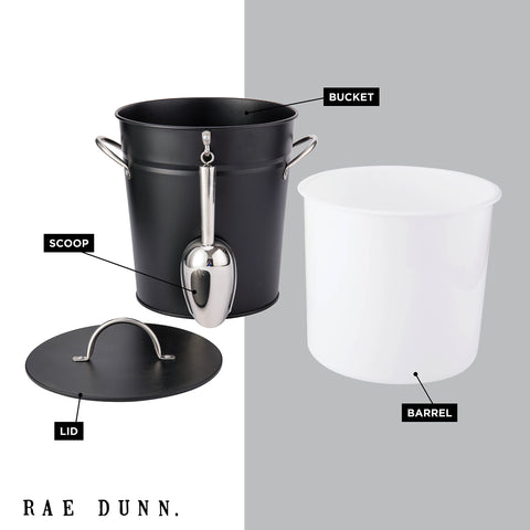 Rae Dunn stainless steel ice bucket with lid maintains ice during outdoor gatherings.