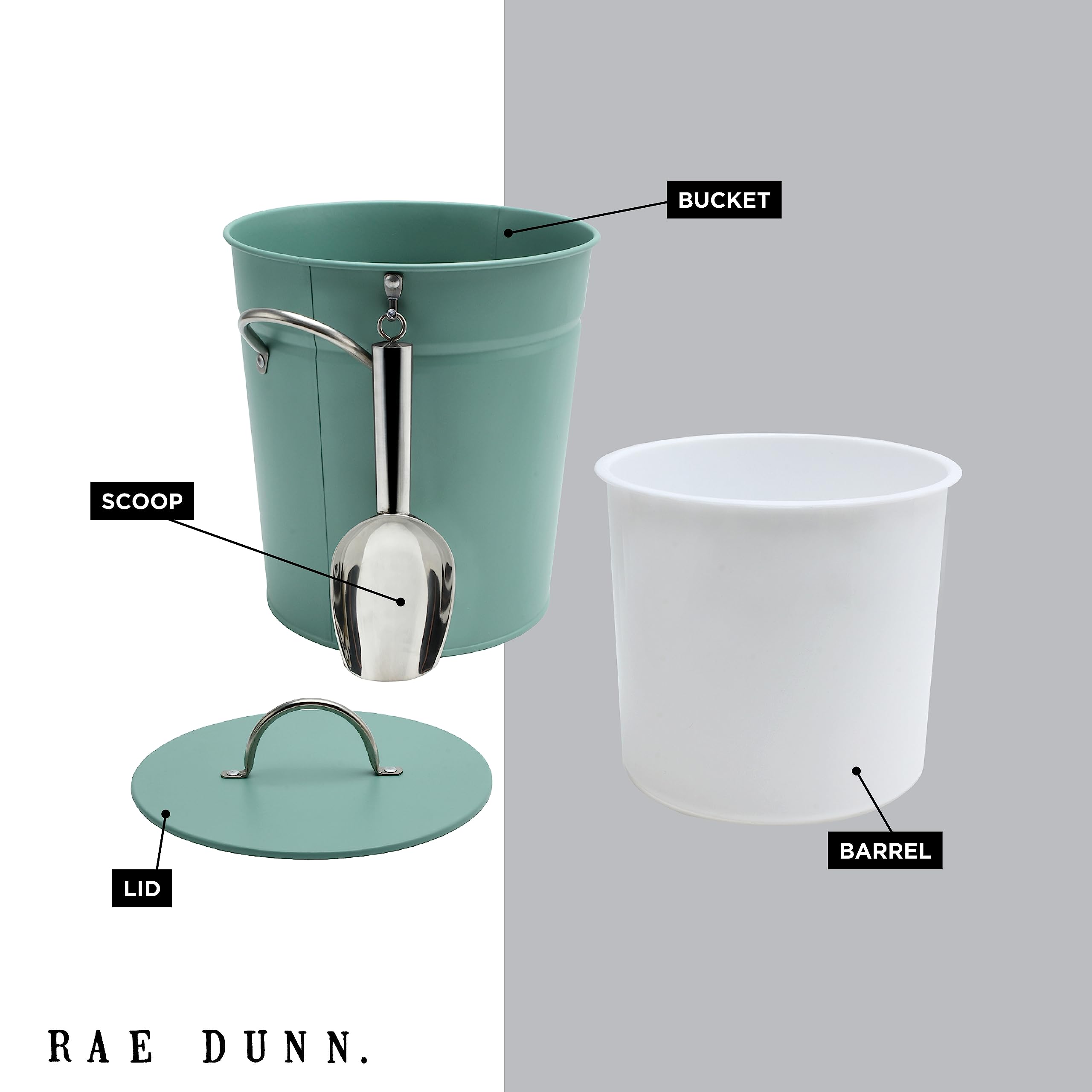 Rae Dunn sage ice bucket top view with sleek lid.