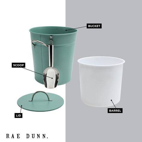 Rae Dunn sage ice bucket top view with sleek lid.