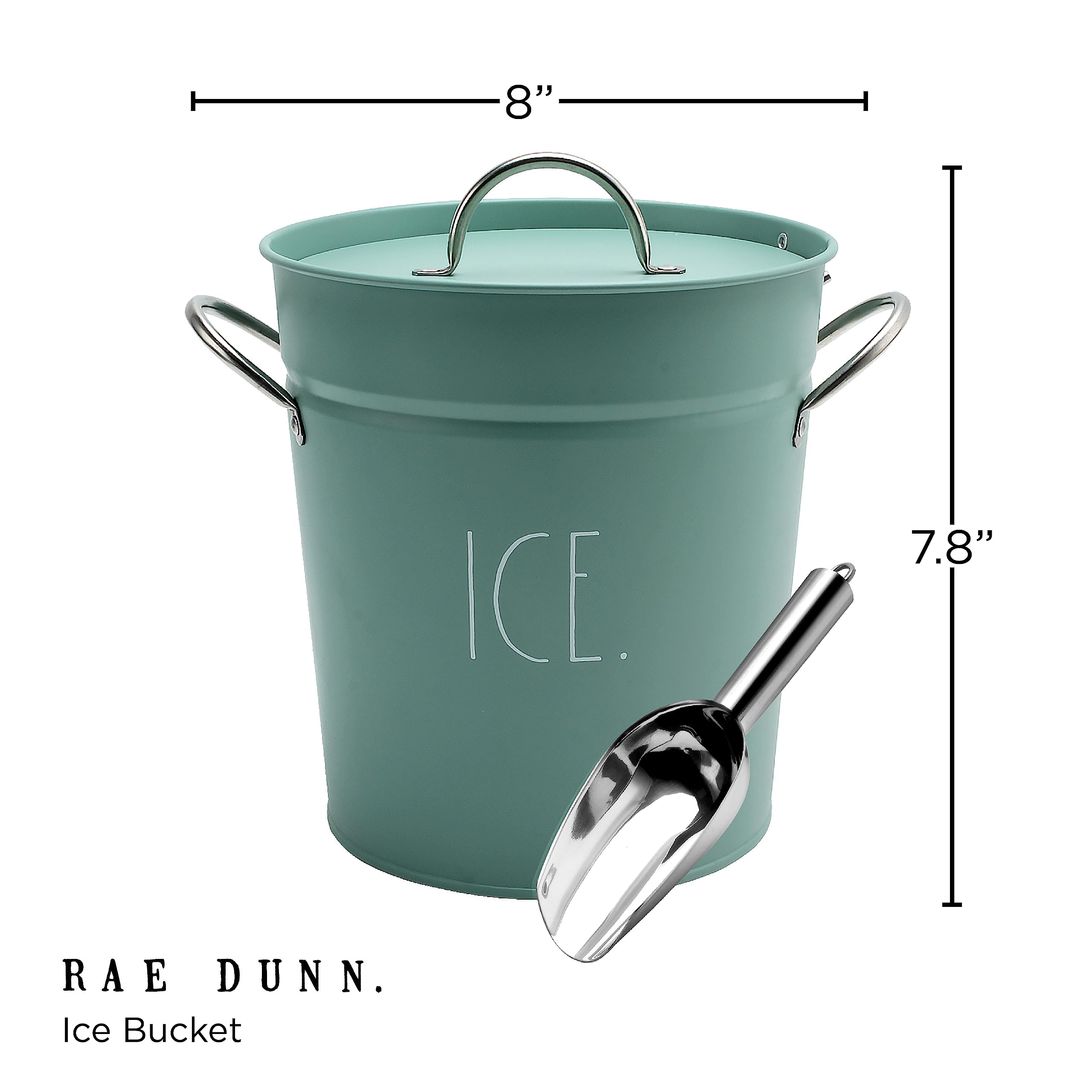 Rae Dunn sage ice bucket with scoop for easy ice serving.
