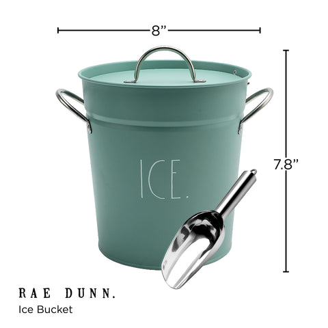 Rae Dunn sage ice bucket with scoop for easy ice serving.