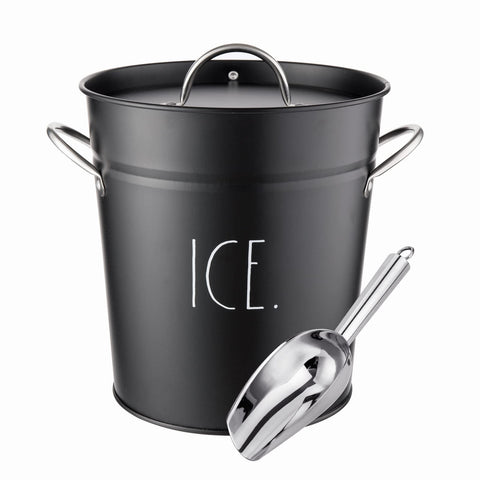 Rae Dunn ice bucket with scoop in black keeps drinks cold at parties.