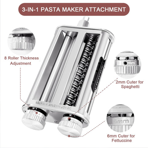 RAF BAR 3-in-1 pasta roller and cutters in use to create spaghetti and fettuccine.