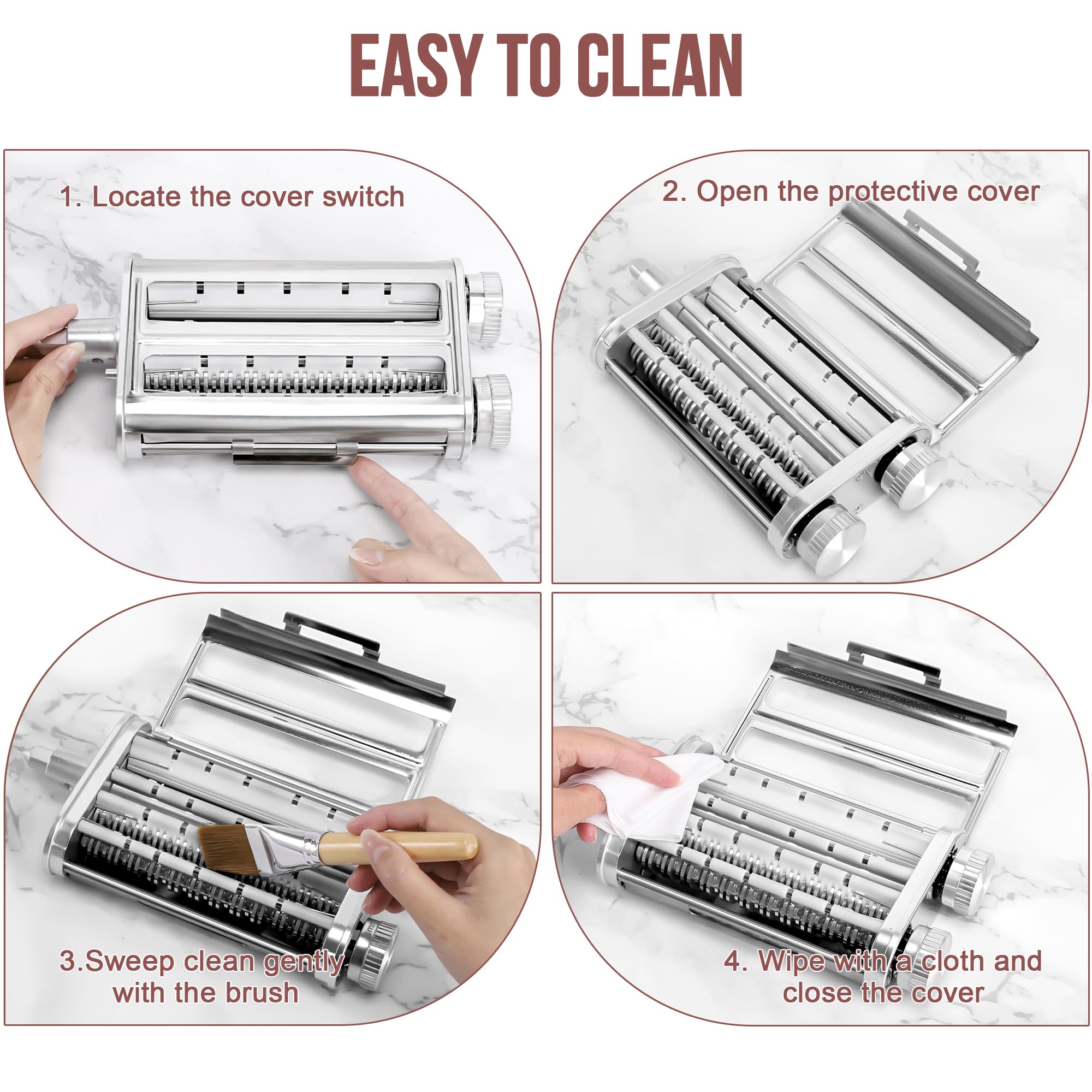 Cleaning brush included to remove flour after shaping pasta.