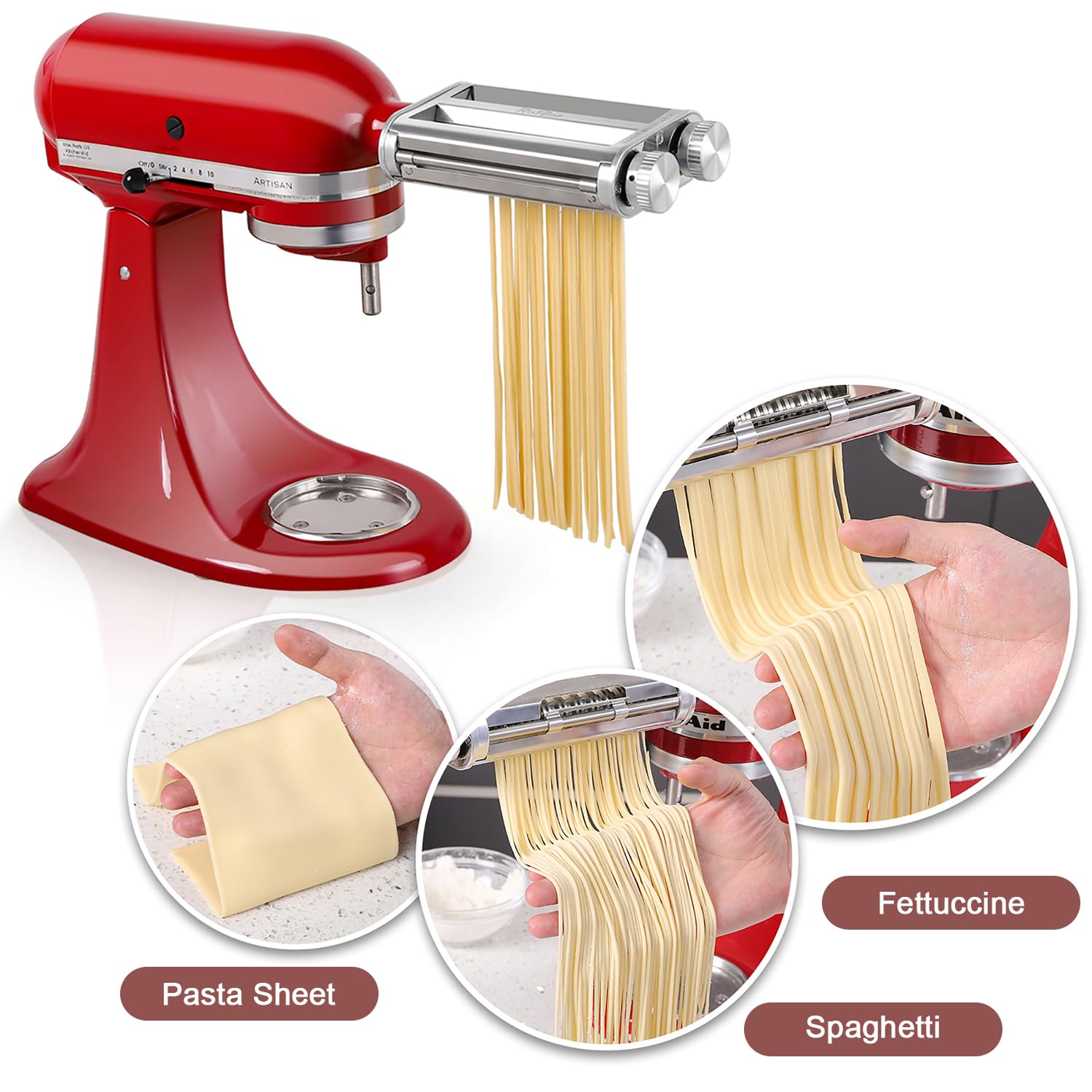 Fettuccine cutter blade producing classic wide noodles with even thickness.
