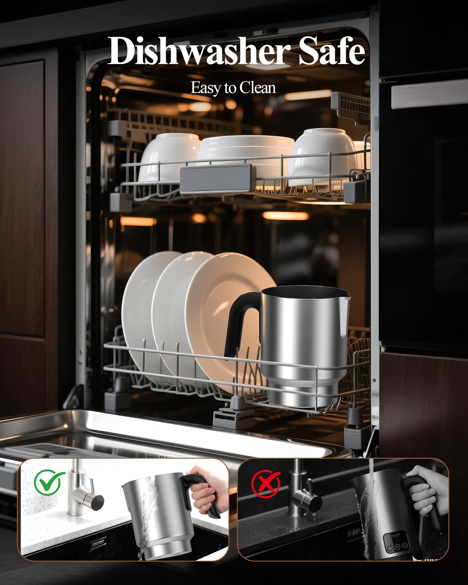 Rafow 5 in 1 milk frother dishwasher-safe stainless steel body.