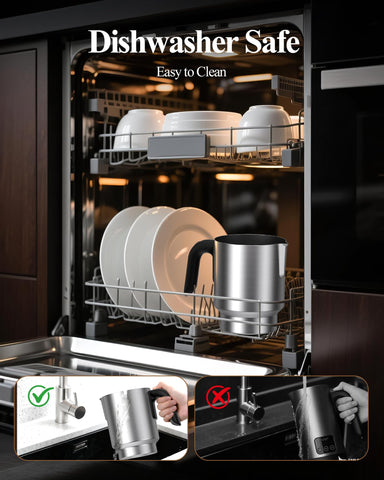 Rafow 5 in 1 milk frother dishwasher-safe stainless steel body.