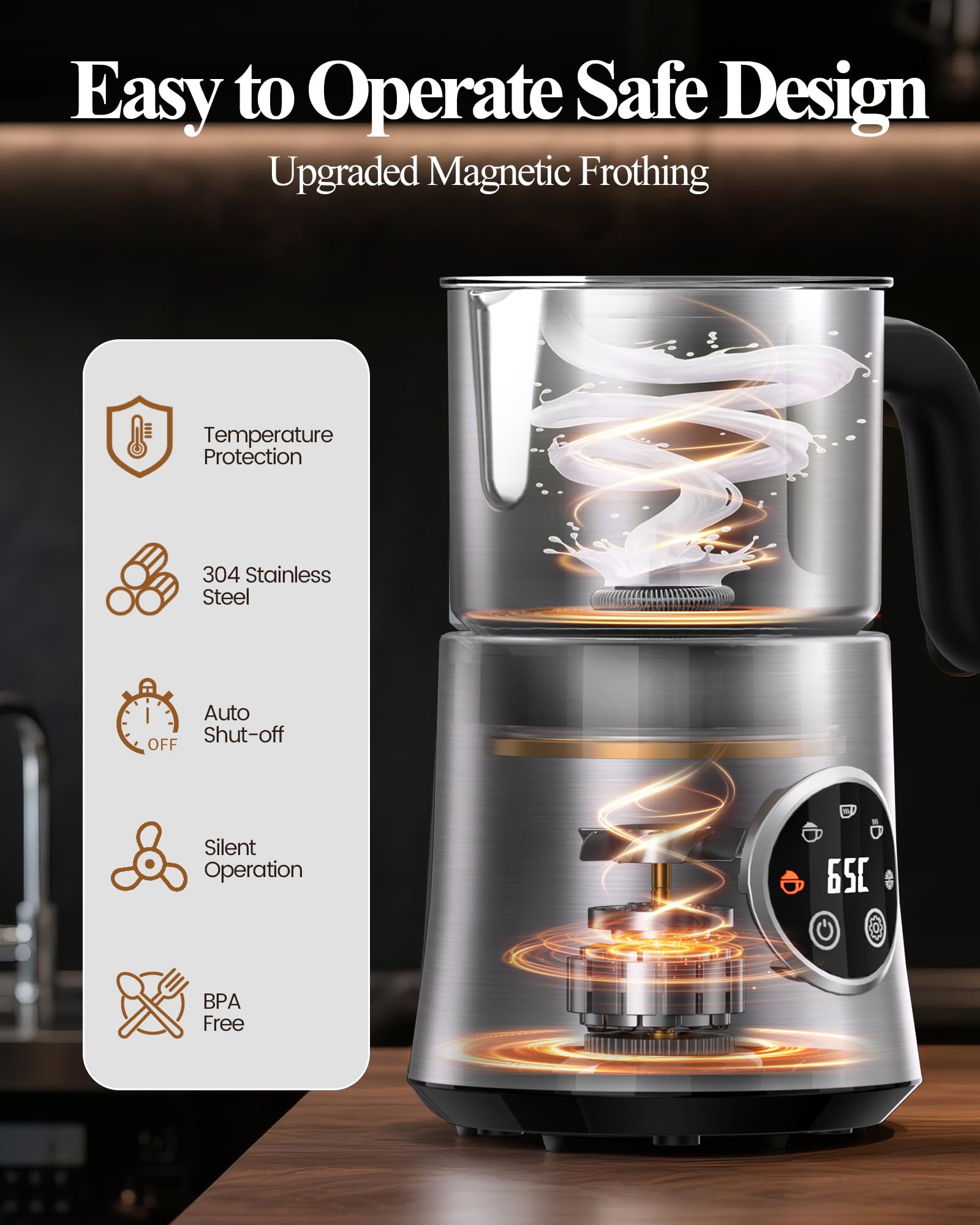 Rafow 5 in 1 milk frother drip-free spout for clean pouring.