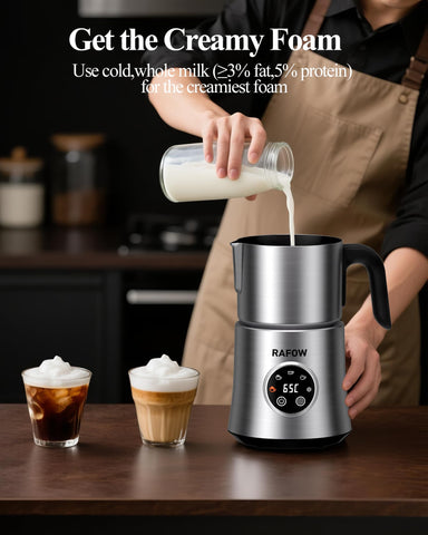 Rafow 5 in 1 milk frother five settings with digital display.