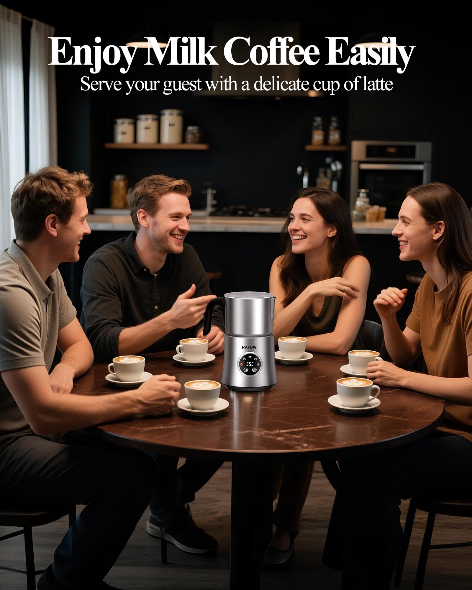 Rafow 5 in 1 milk frother latte art ready foams for hot drinks.