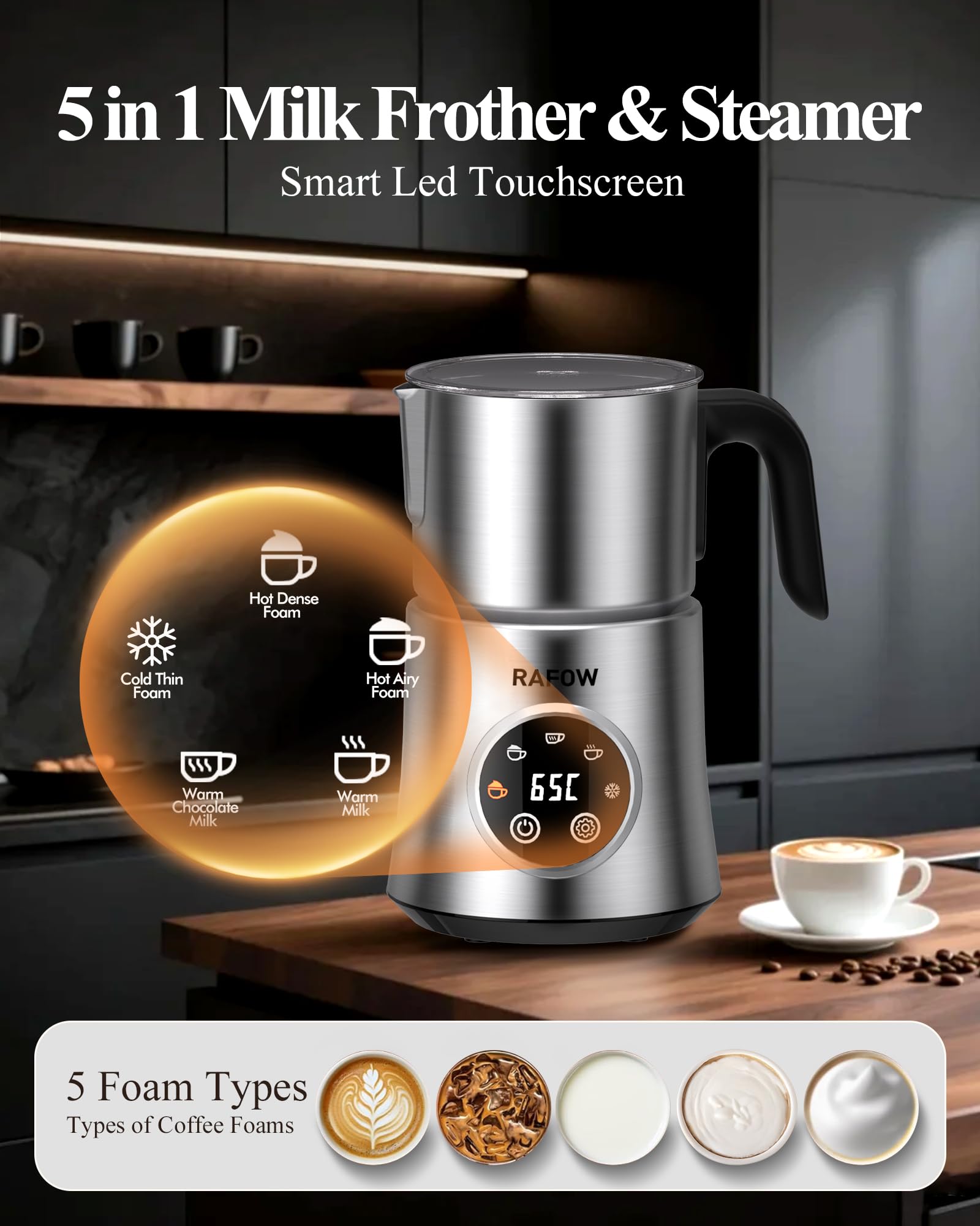 Rafow 5 in 1 milk frother touchscreen panel enables quick customization.