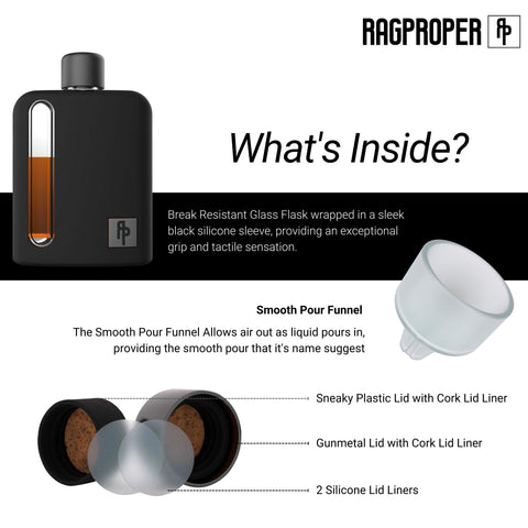 Ragproper glass flask with gun-metal lid for a premium look.