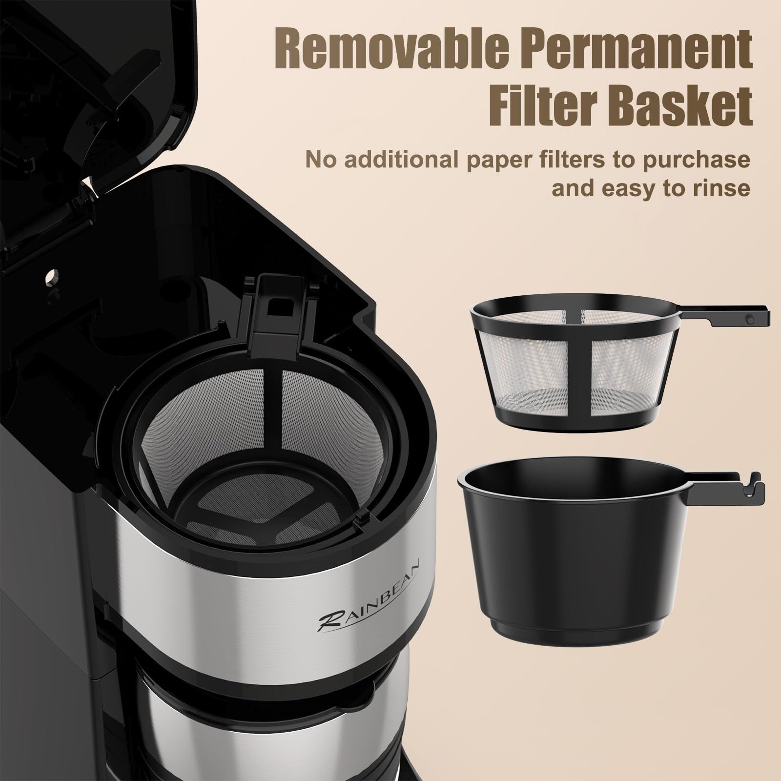 RainBean 14oz water reservoir with clear level markings for precise cups.