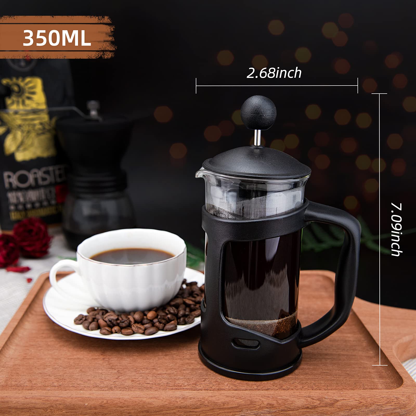 RAINBEAN Mini French Press 350ml cup for personal, quick brews.